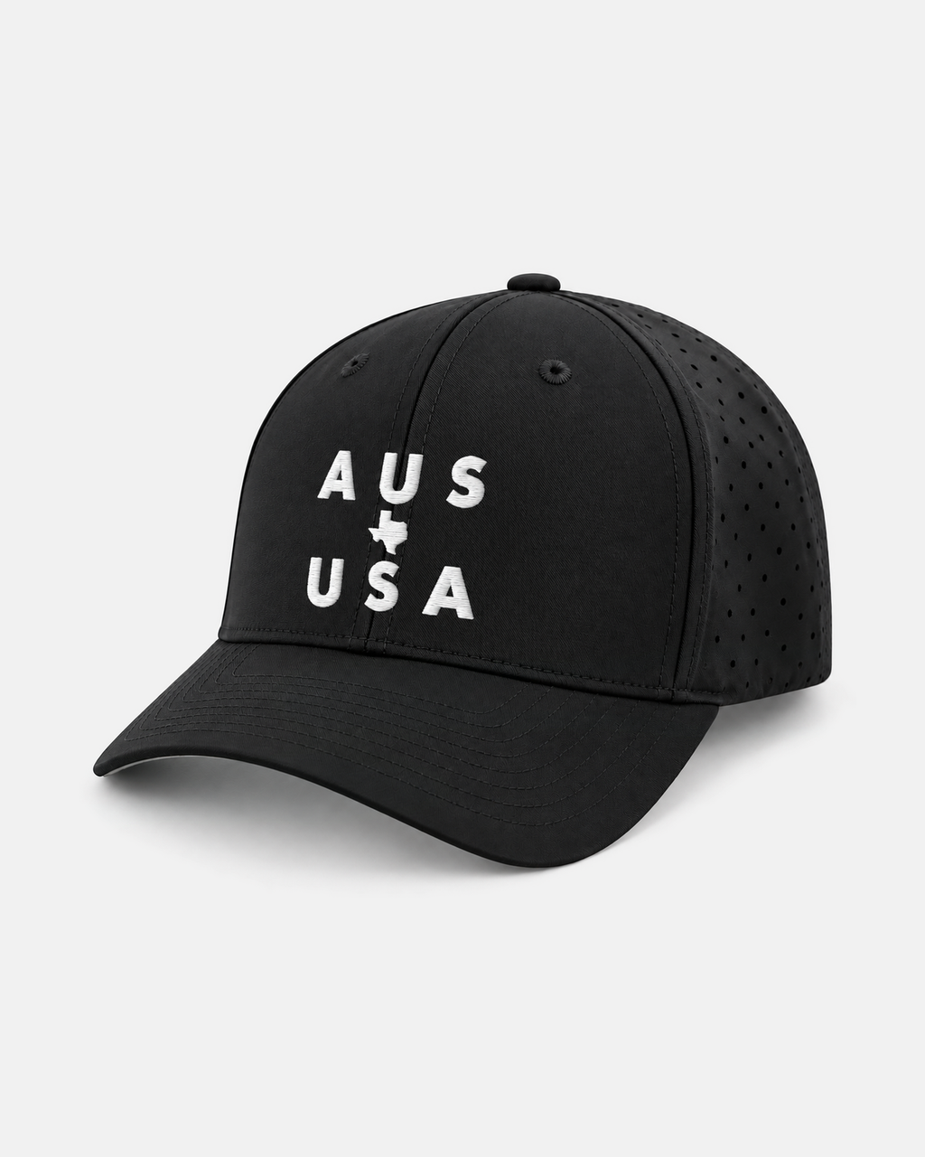Austin Texas AUS USA laser performance 632 hat in black, white embroidery