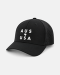 Austin Texas AUS USA laser performance 632 hat in black, white embroidery