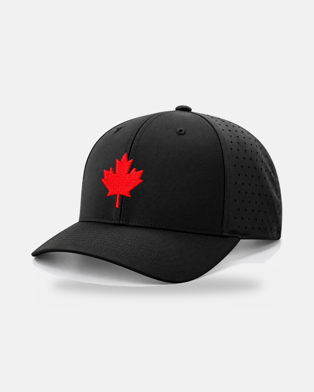 Canada maple leaf laser performance 632 hat in black, red embroidered maple leaf