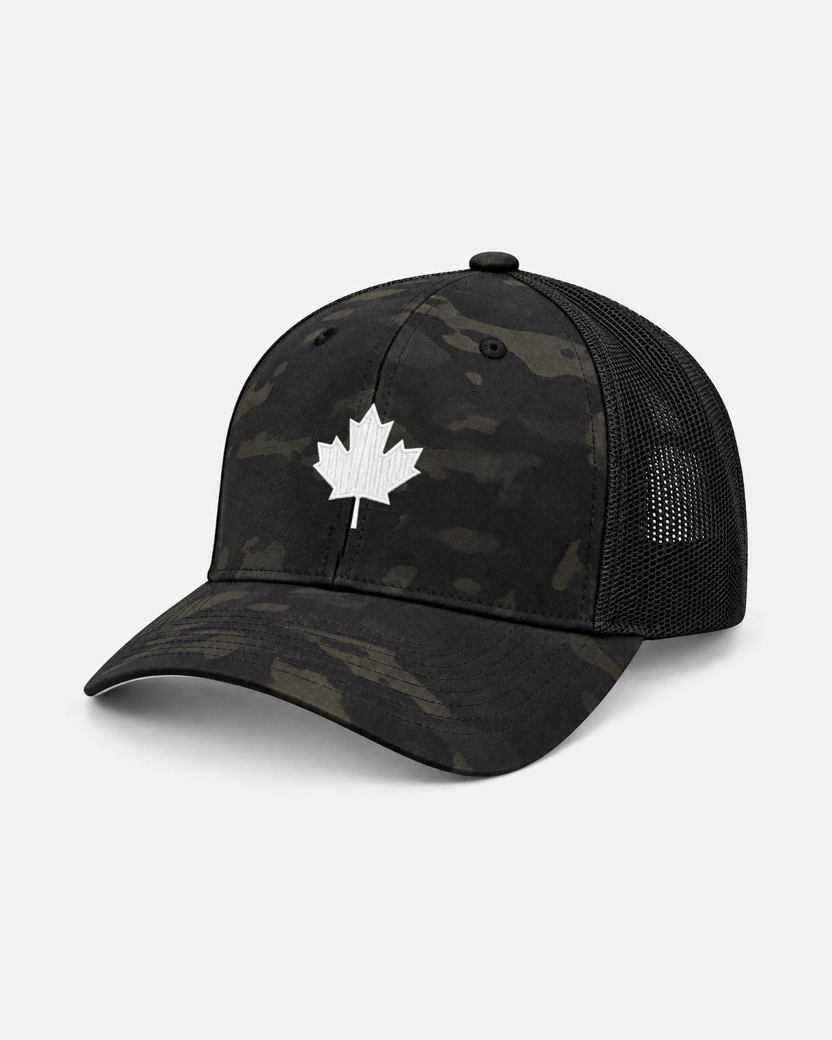 Canada Maple Leaf trucker hat in black camo with white leaf, front view