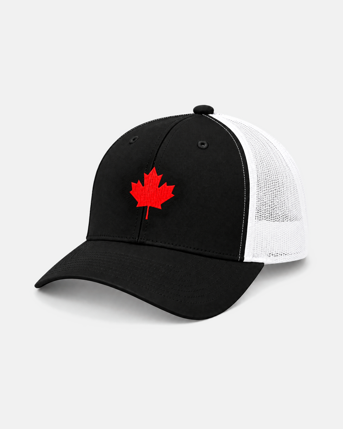 Canada Maple Leaf trucker hat in black with white mesh and red leaf, front view