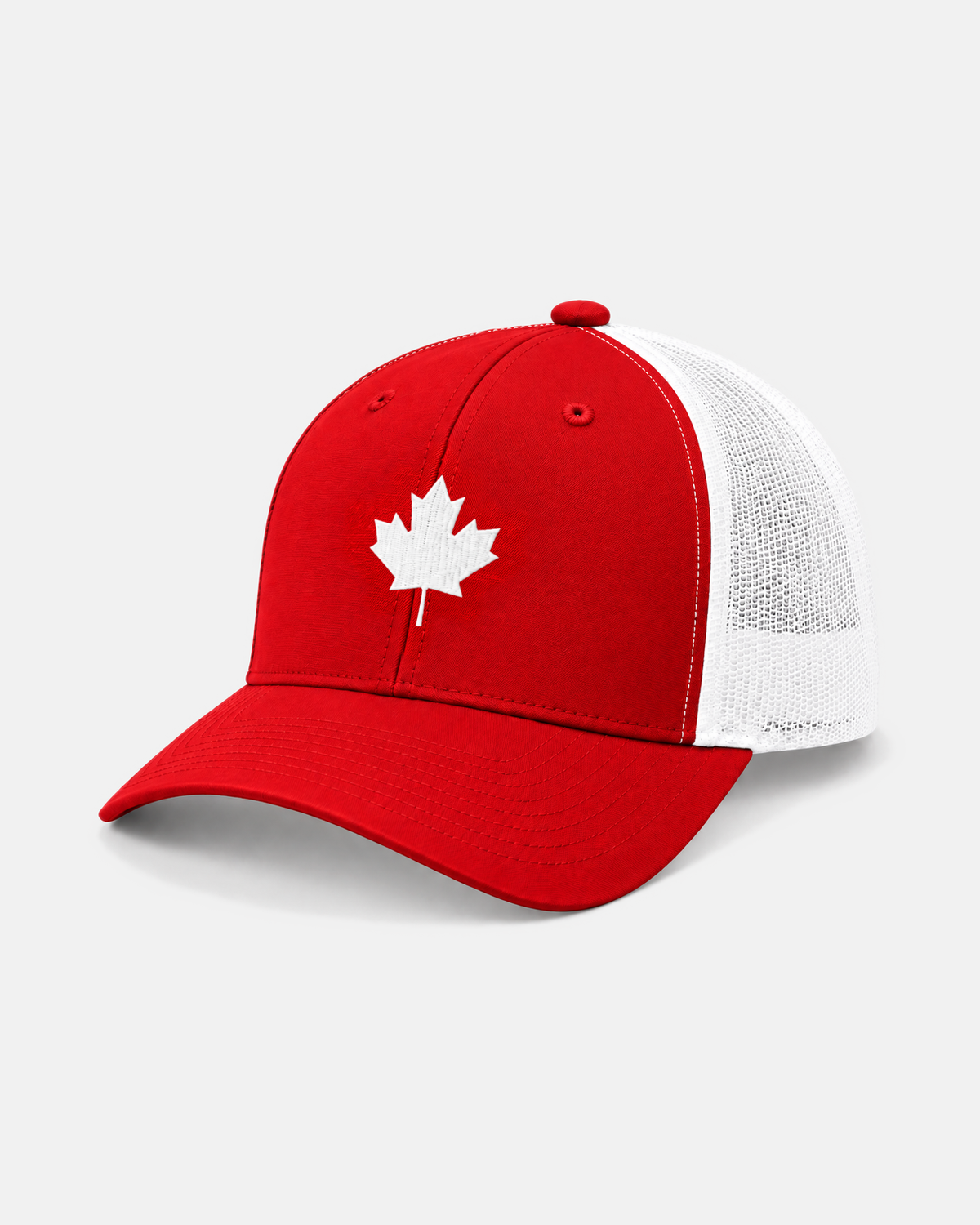 Canada Maple Leaf trucker hat in red with white mesh and white leaf, front view