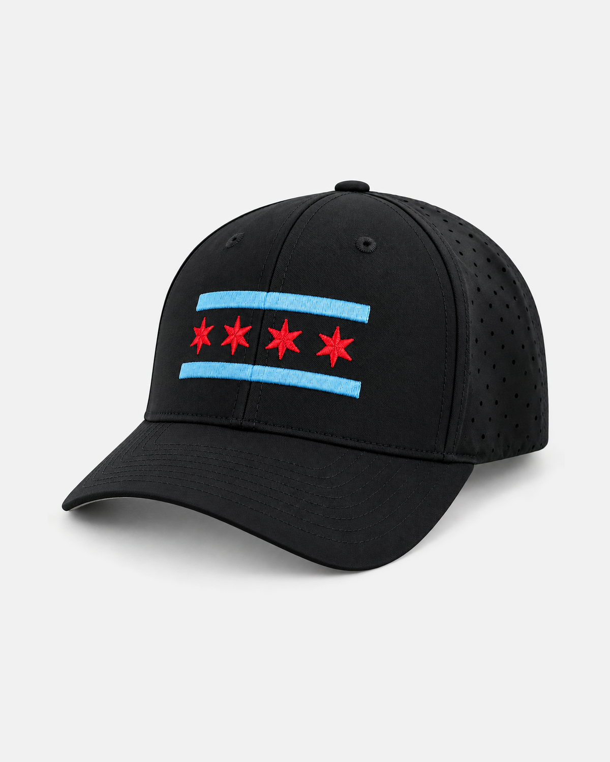 Chicago flag laser performance 632 hat in black, hand-embroidered flag