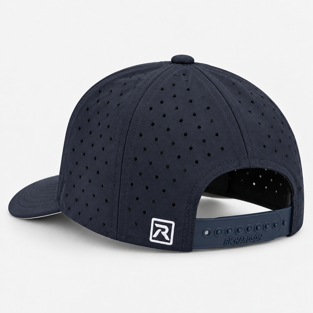 Navy laser-perforated back panels and snapback of the 632 hat