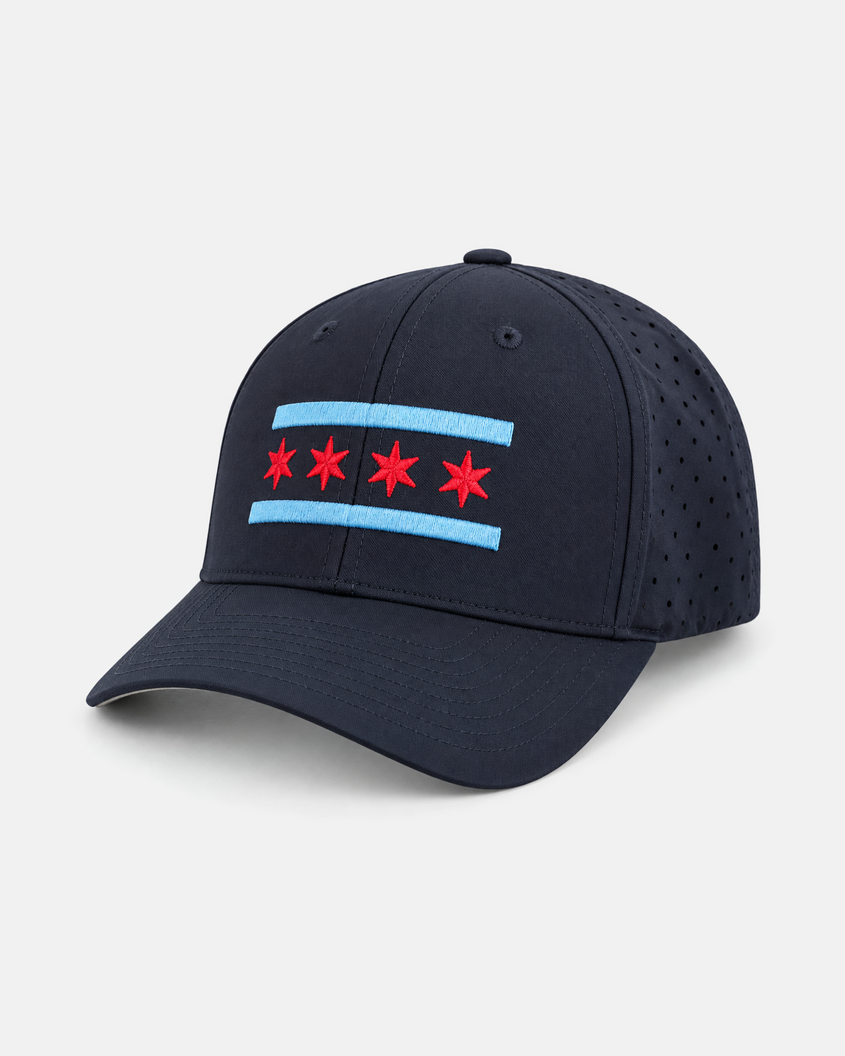 Chicago flag performance hat in navy, front three-quarter view, embroidered flag