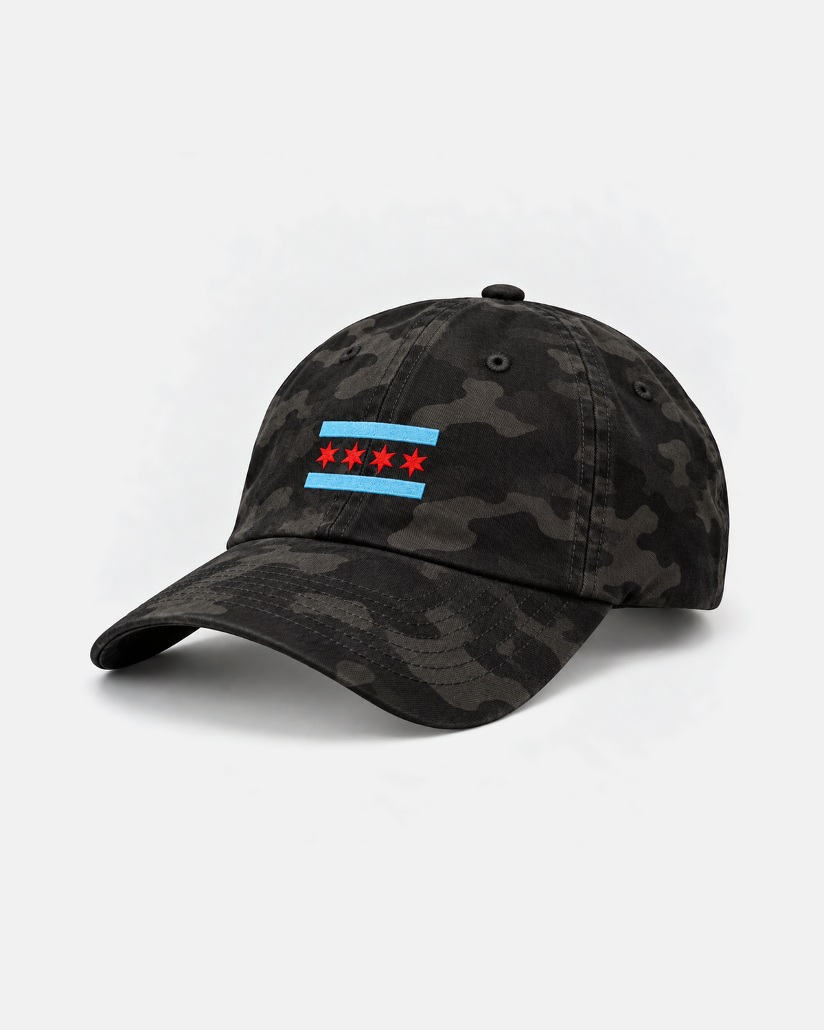 Chicago Flag dad hat in black camo, front view