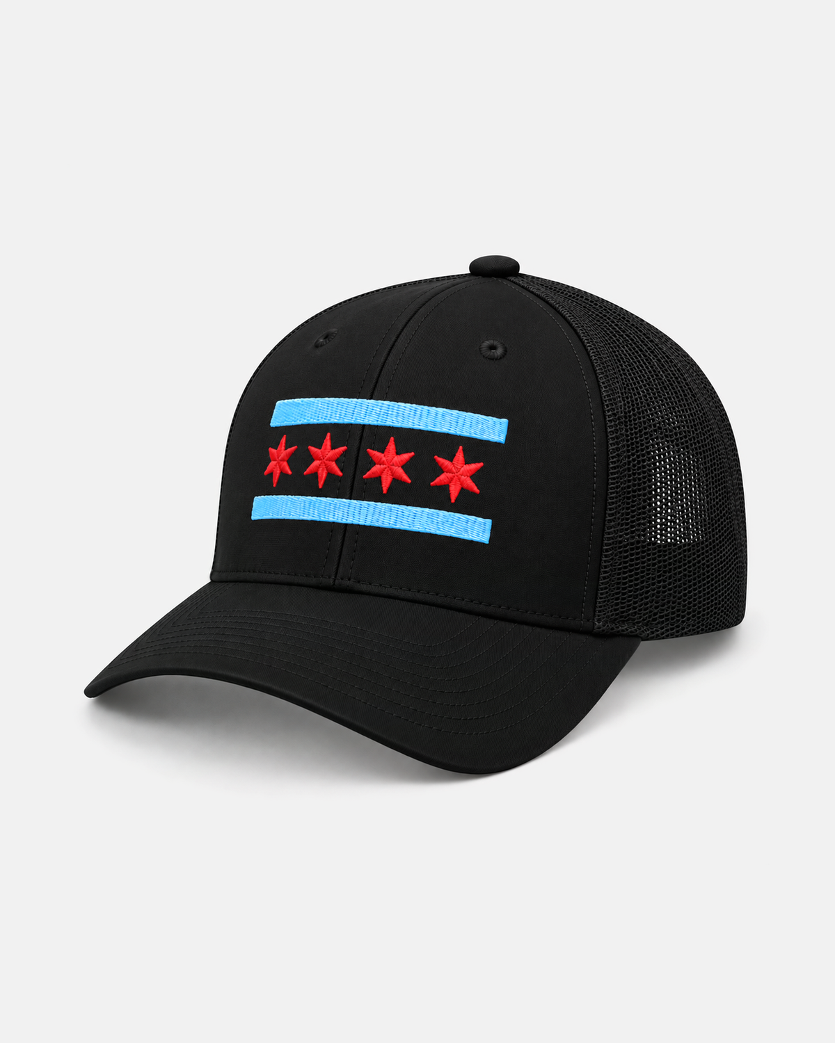 Chicago Flag trucker hat in black with black mesh, front view