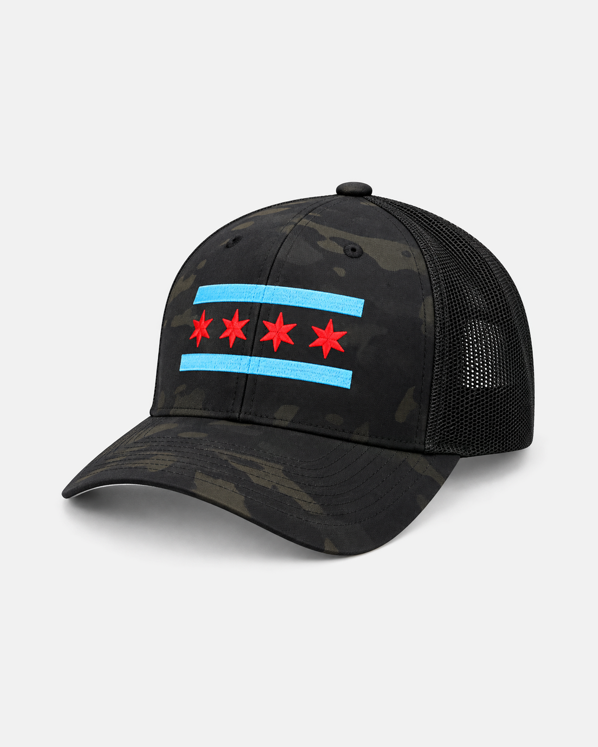 Chicago Flag trucker hat in black camo, front view