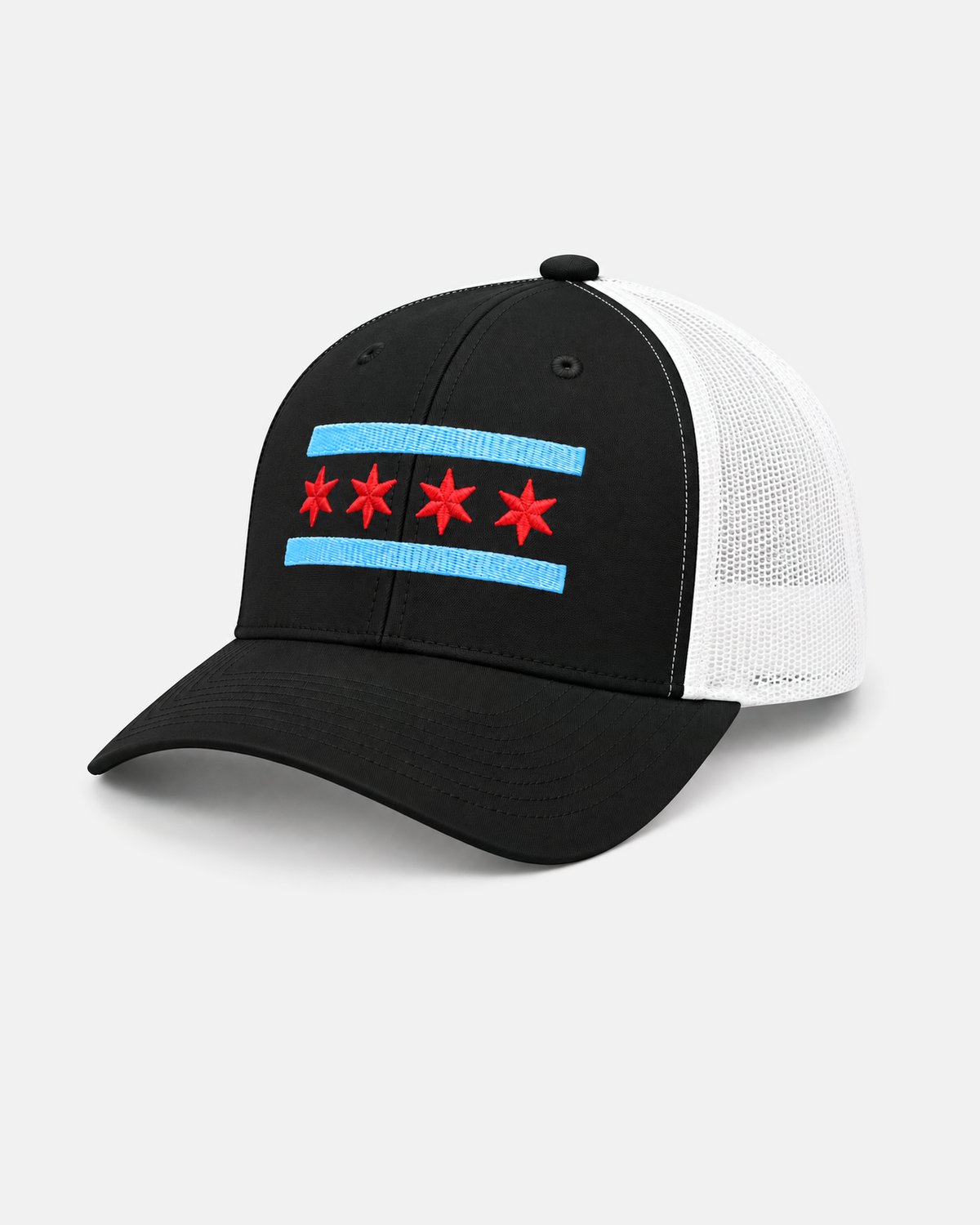 Chicago Flag trucker hat in black with white mesh, front view