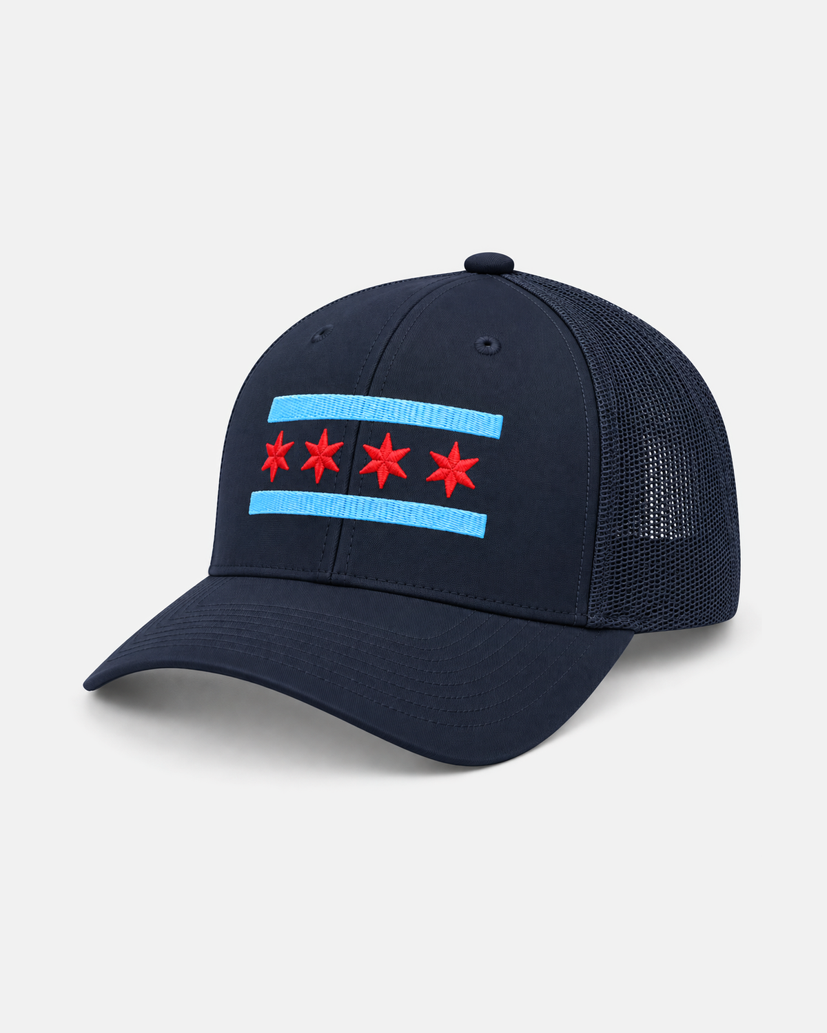 Chicago Flag trucker hat in navy with navy mesh, front view