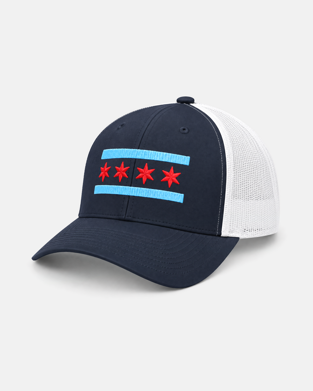 Chicago Flag trucker hat in navy with white mesh, front view