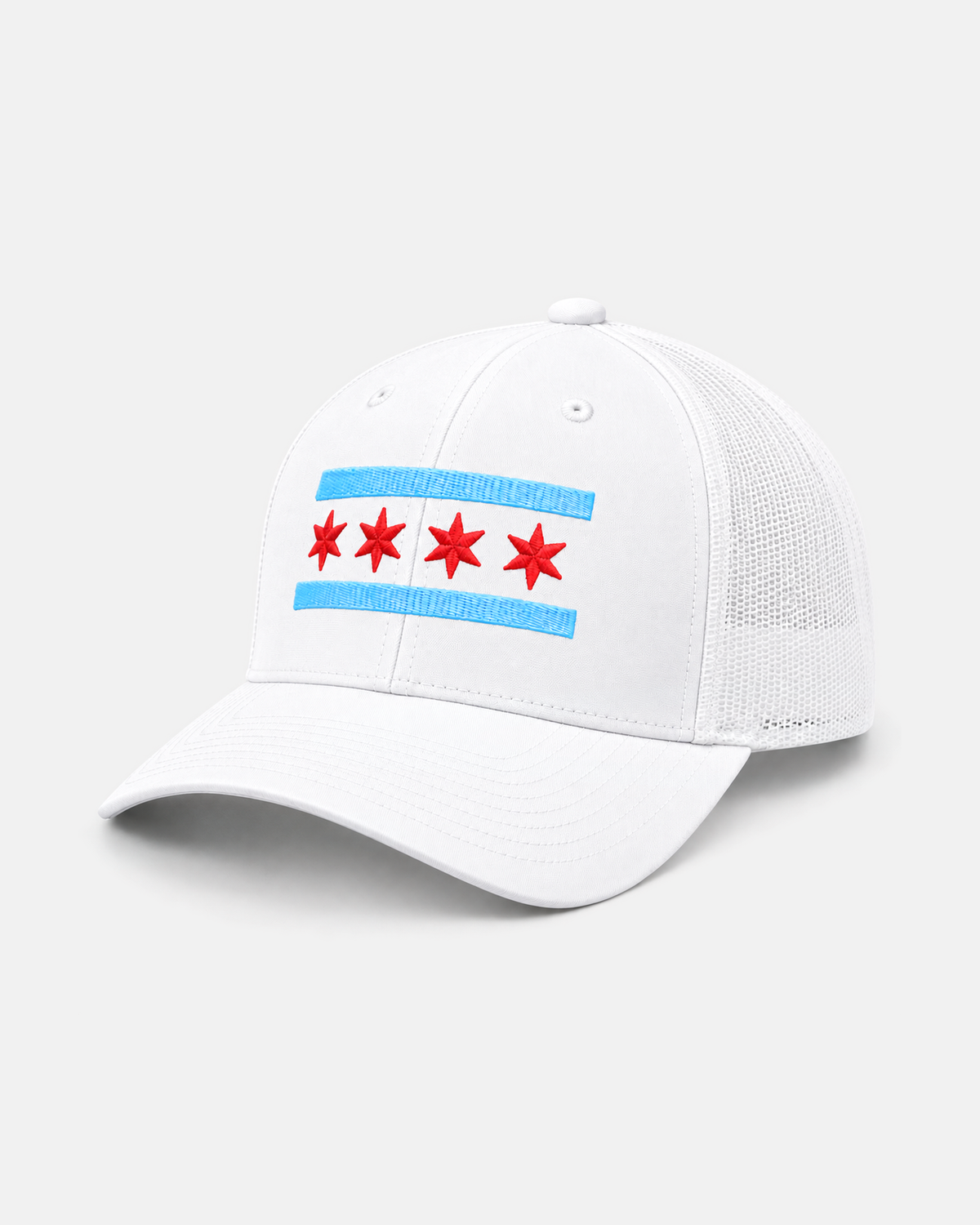Chicago Flag trucker hat in white with white mesh, front view