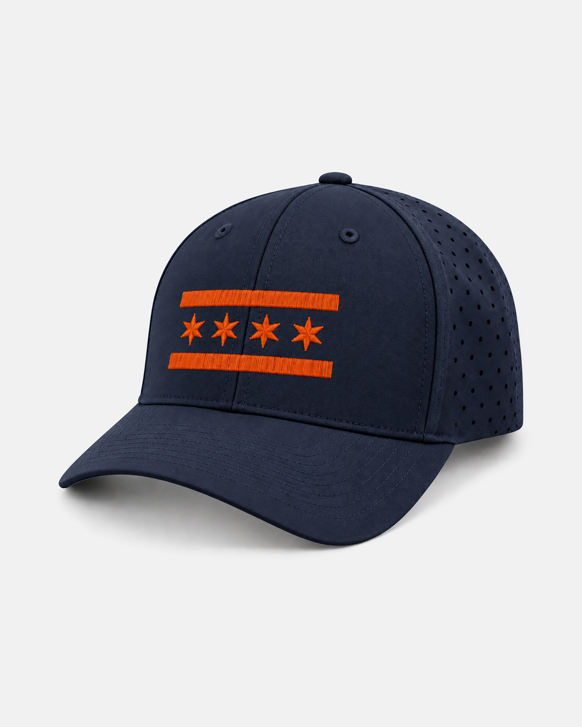 Chicago orange flag laser performance 632 hat in navy, orange embroidered stripes and stars