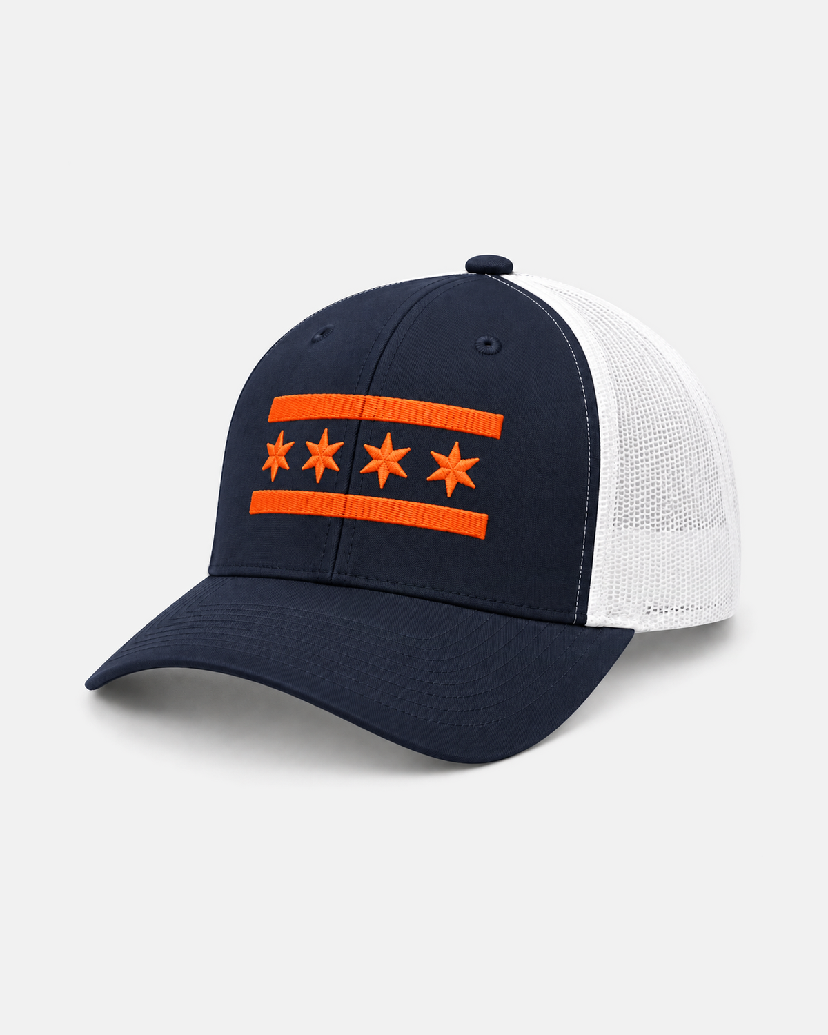 Chicago Orange Flag trucker hat in navy with white mesh, front view