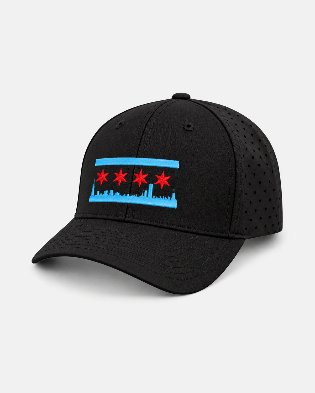 Chicago skyline flag laser performance 632 hat in black, embroidered stripe, red stars and skyline