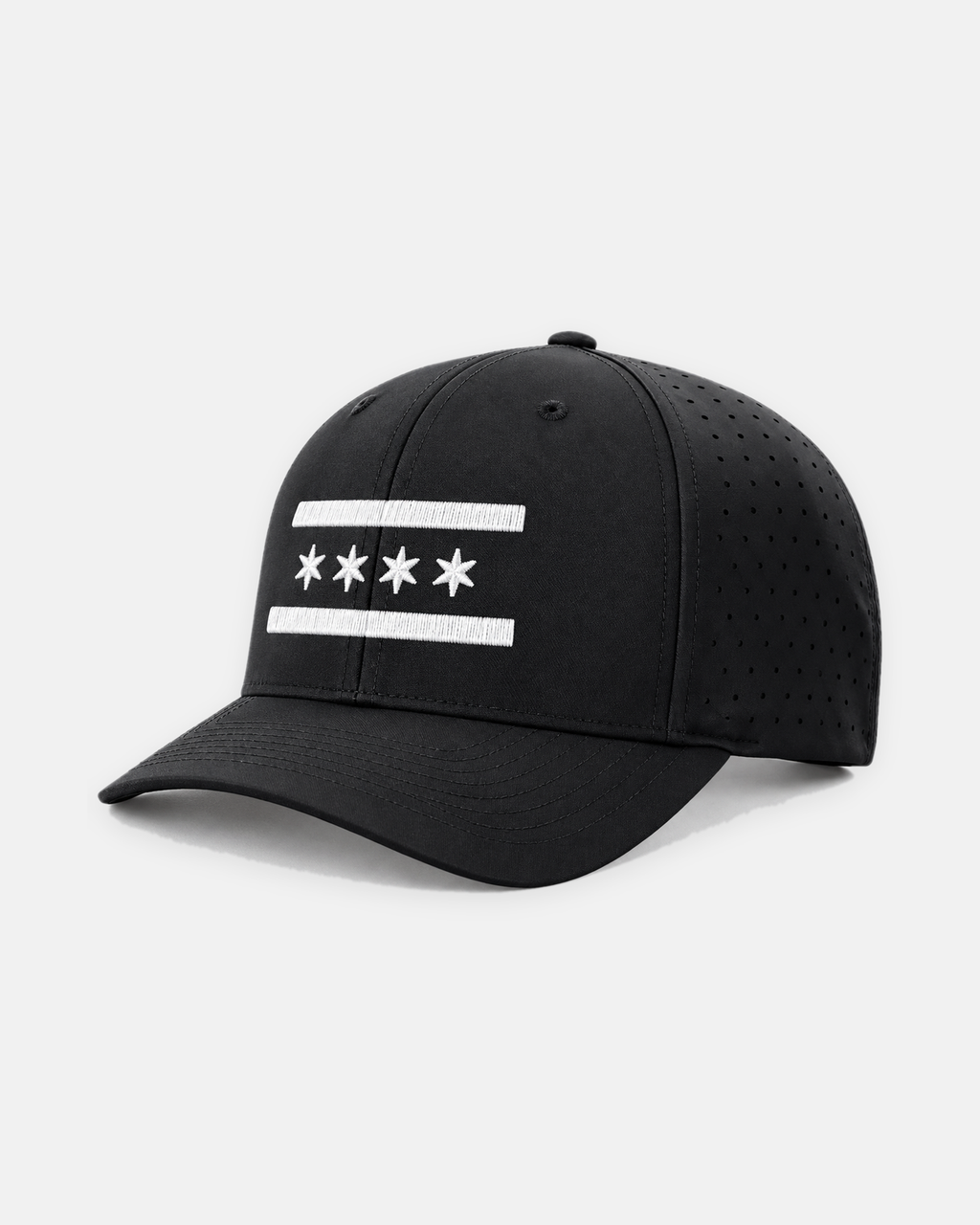 Chicago white flag laser performance 632 hat in black, white embroidered stripes and stars
