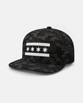 Chicago White Flag snapback hat in black camo, front view
