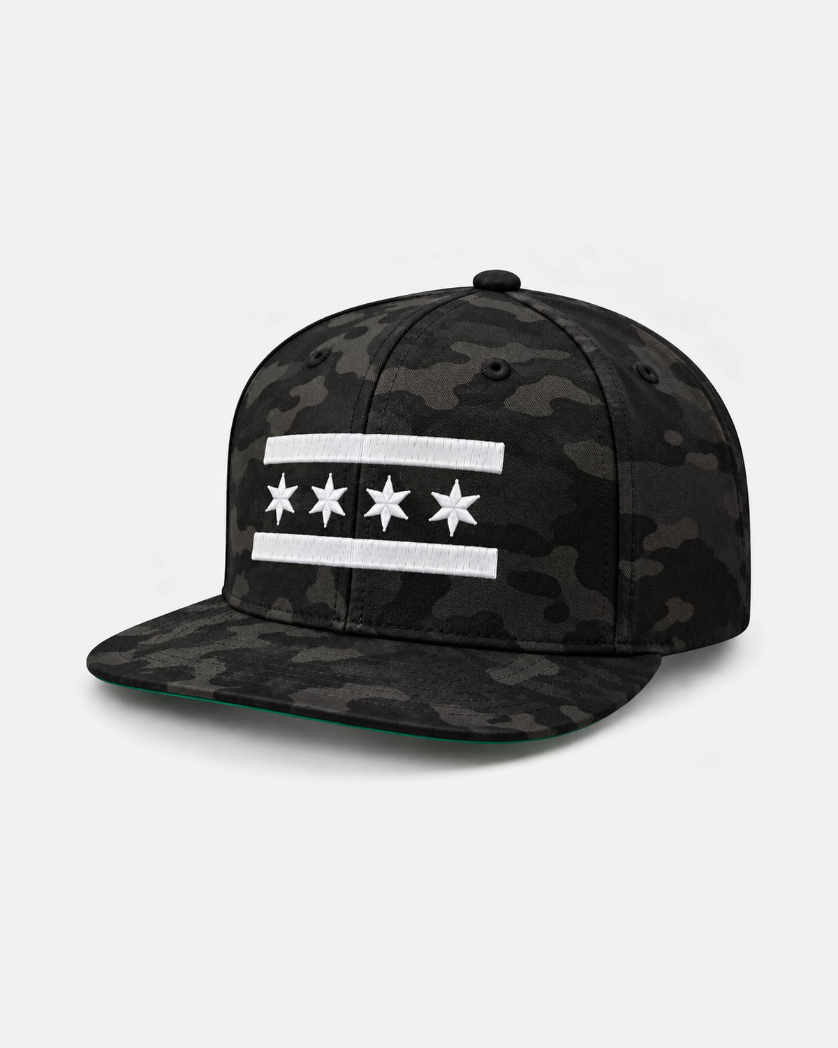 Chicago White Flag snapback hat in black camo, front view