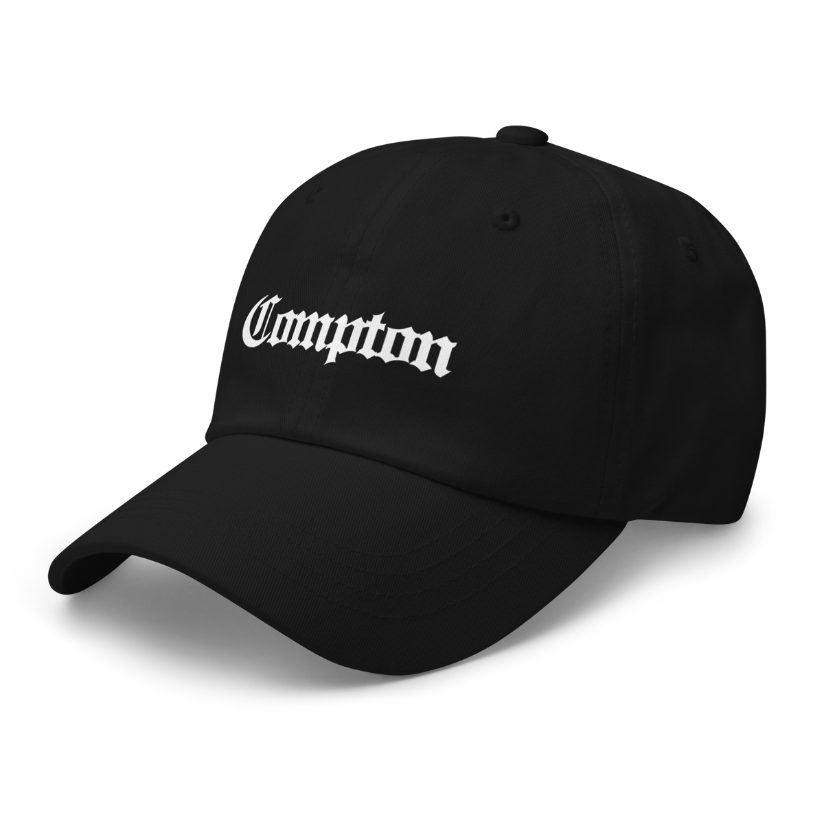 Compton California dad hat in black, angled view