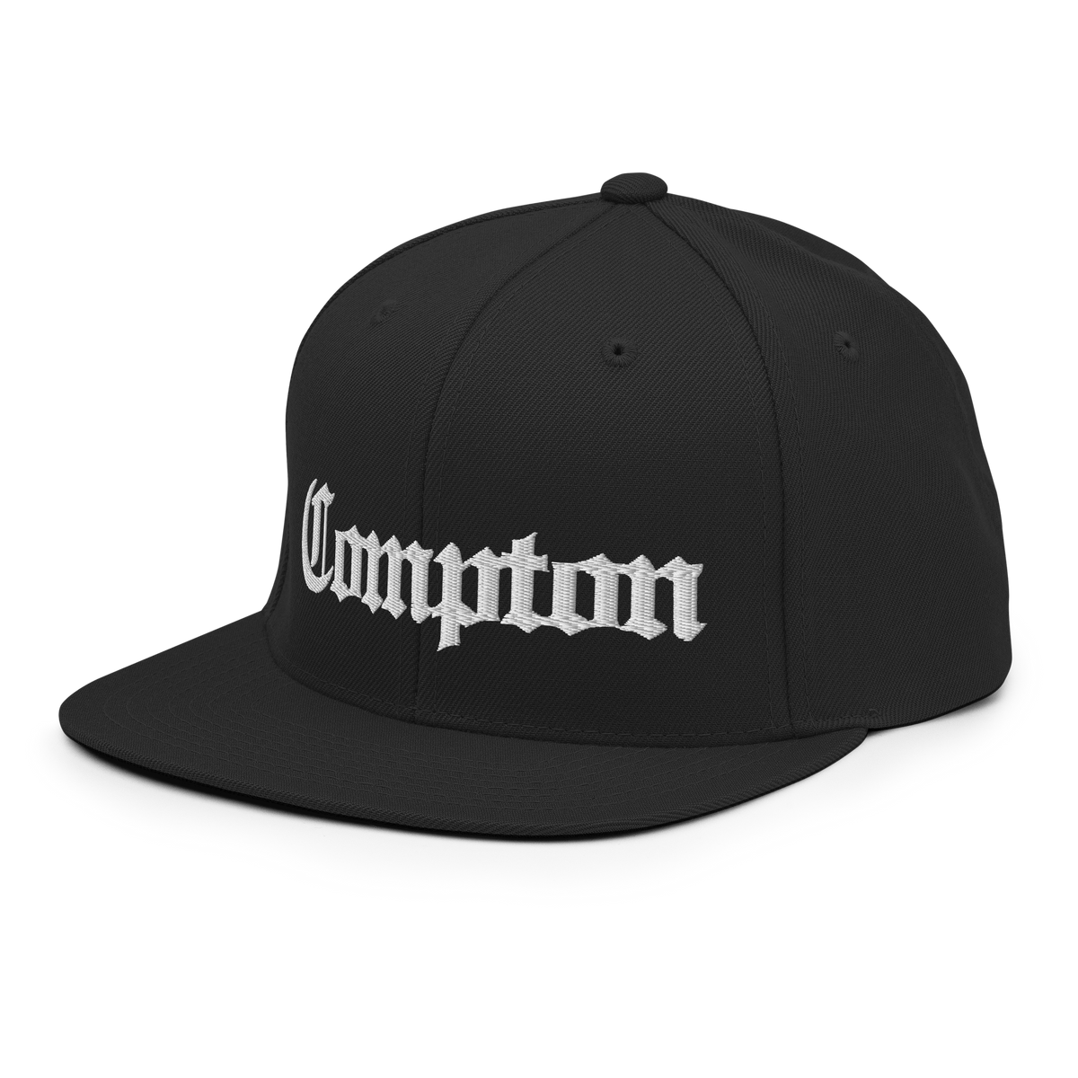 Compton California snapback hat in black, back view