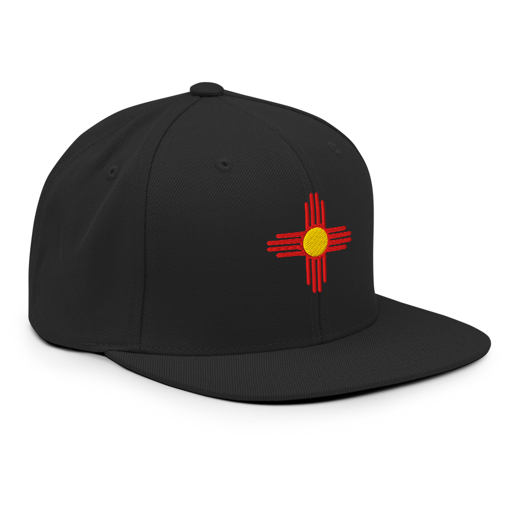 New Mexico Flag snapback hat in black, back view