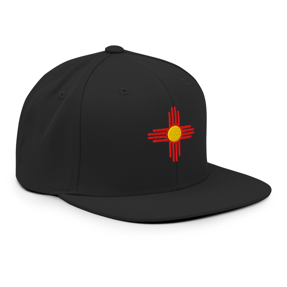 New Mexico Flag snapback hat in black, back view