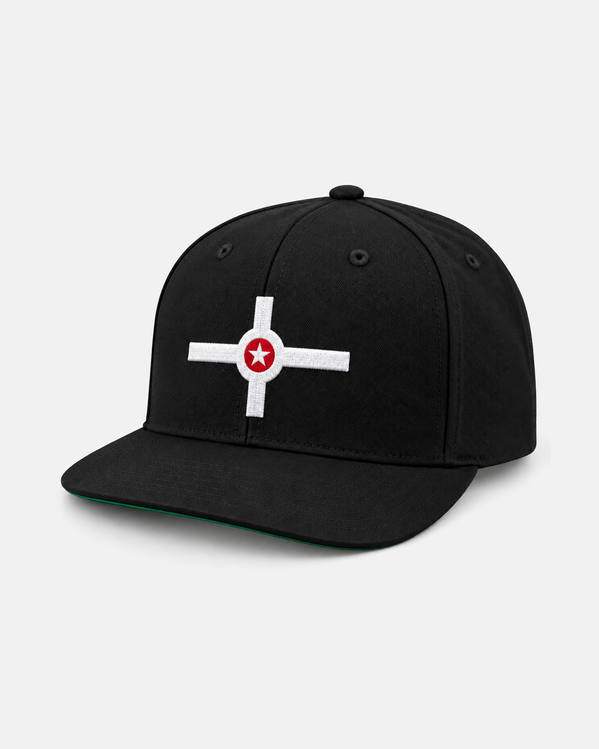 Indianapolis flag snapback hat in black, embroidered white cross with red circle and white star, front view