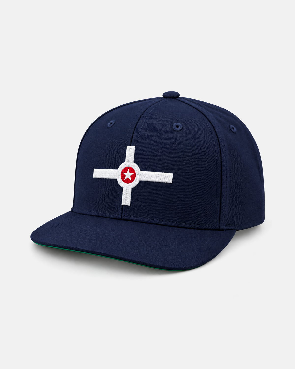 Indianapolis flag snapback hat in navy, embroidered white cross with red circle and white star, front view