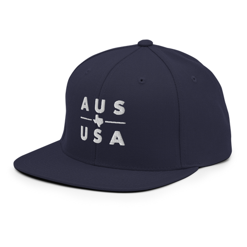 Austin Texas USA snapback hat in navy, back view