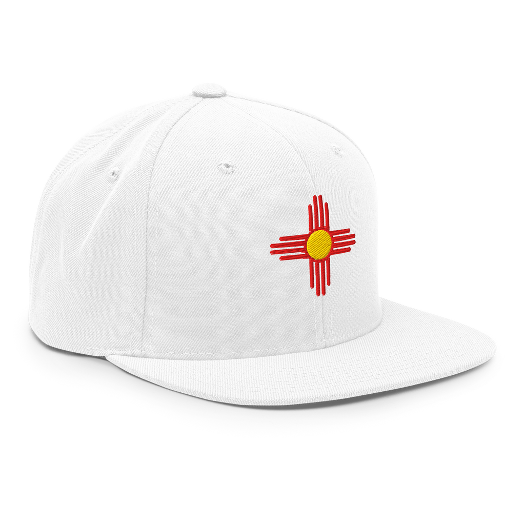 New Mexico Flag snapback hat in white, back view