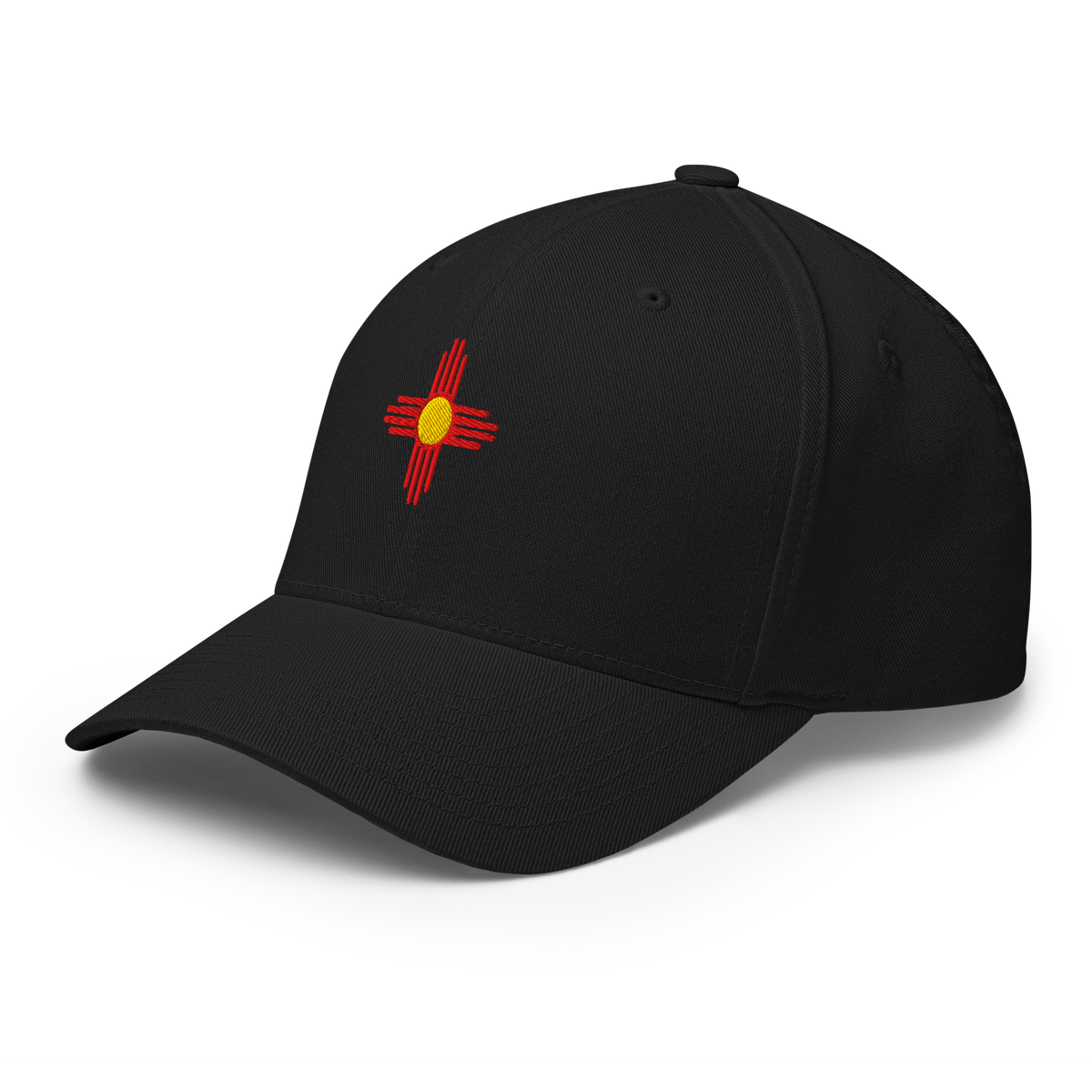 New Mexico Flag fitted hat in black, back view