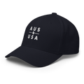Austin Texas USA fitted hat in navy, back view