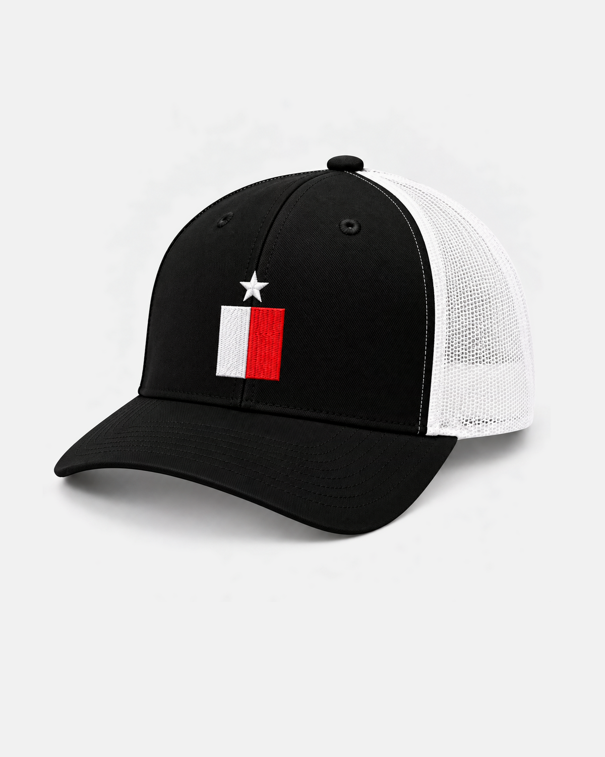 Texas flag trucker hat, black with white mesh, embroidered white star over white and red bars
