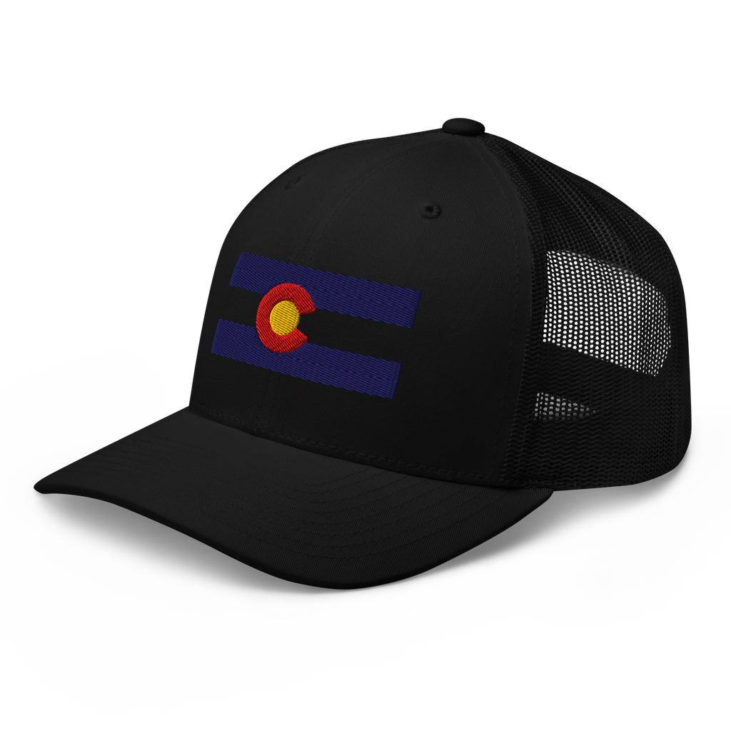 Colorado Flag trucker hat in black, angled view