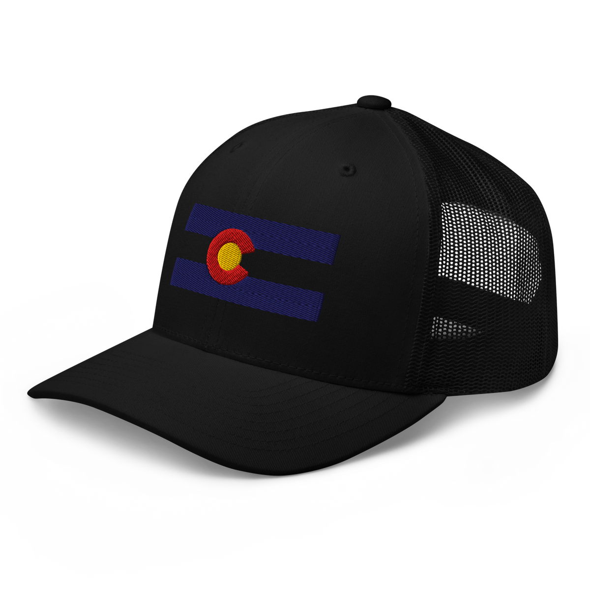 Colorado Flag trucker hat in black, angled view