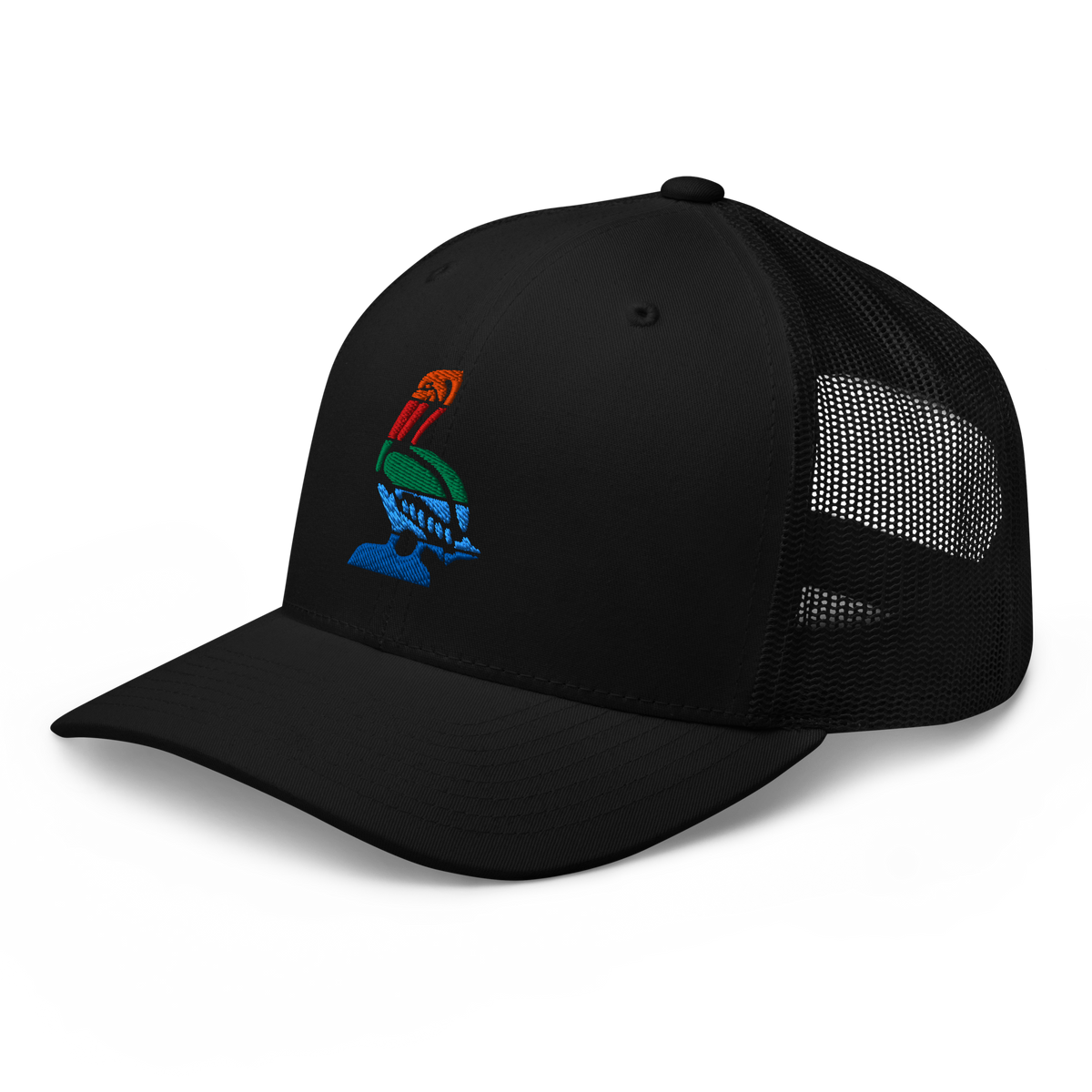 St. Petersburg Florida Flag trucker hat in black, angled view
