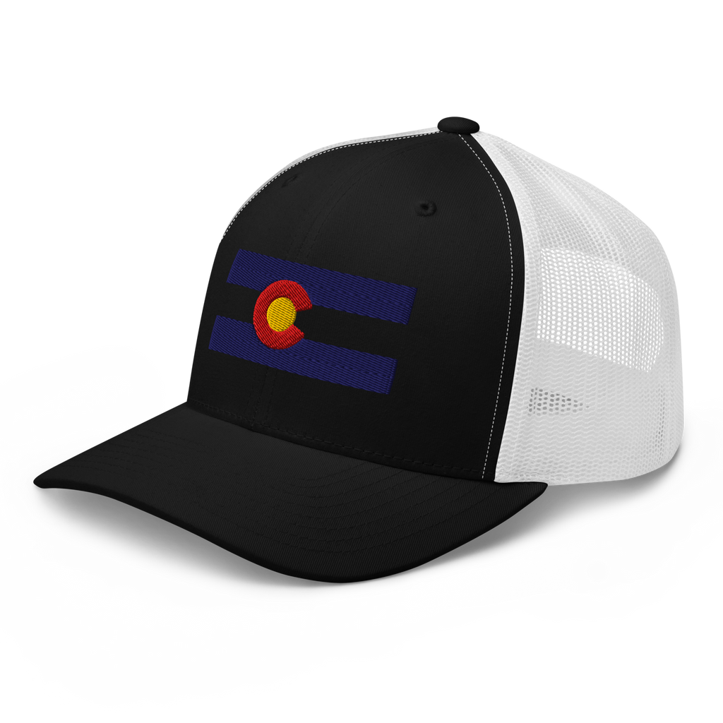 Colorado Flag trucker hat in black, angled view