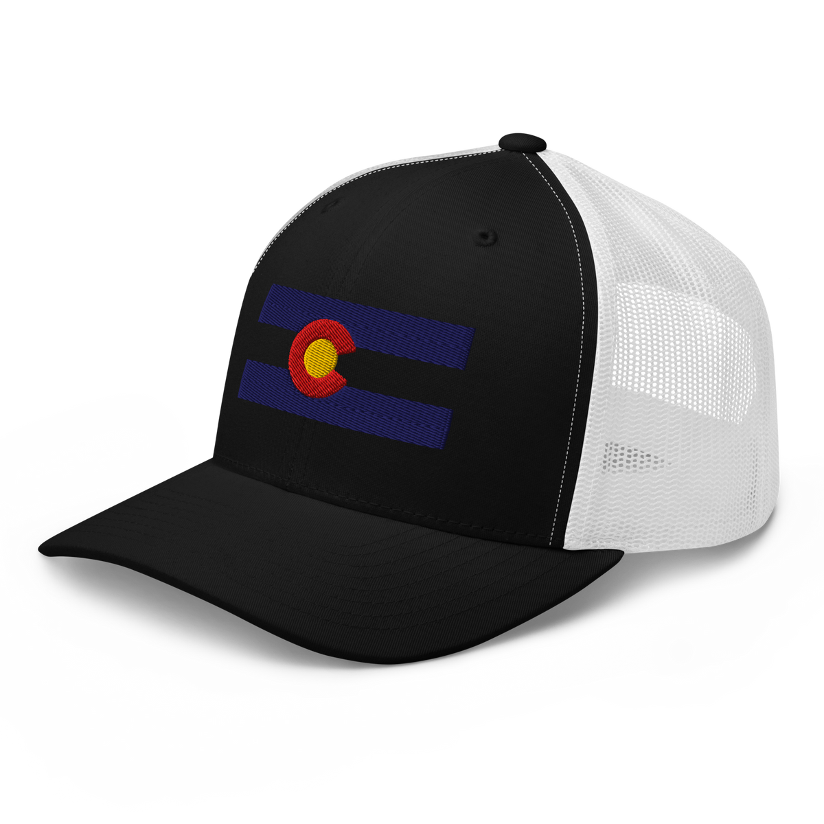 Colorado Flag trucker hat in black, angled view
