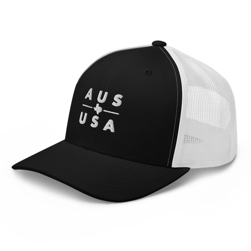 Austin Texas USA trucker hat in black, angled view