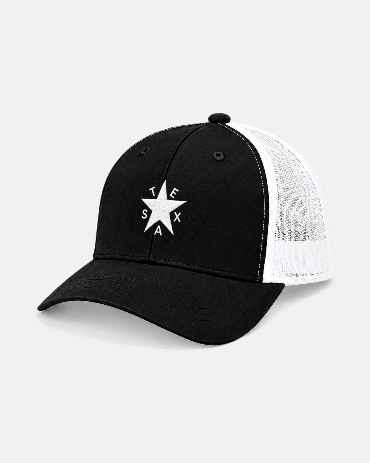 Texas Zavala Star trucker hat, black with white mesh, white embroidered star and TEXAS lettering