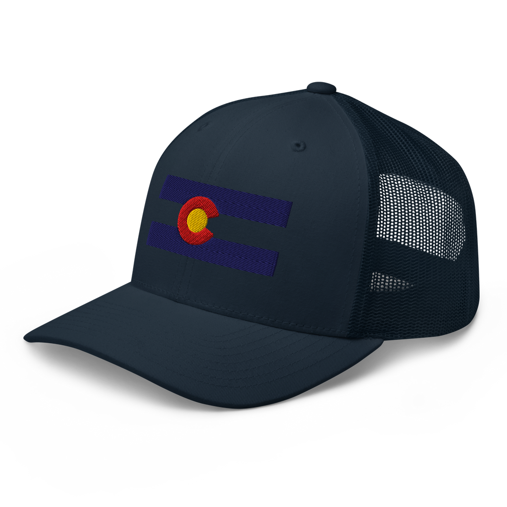 Colorado Flag trucker hat in navy, angled view