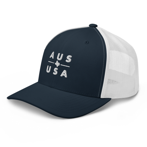 Austin Texas USA trucker hat in navy, angled view