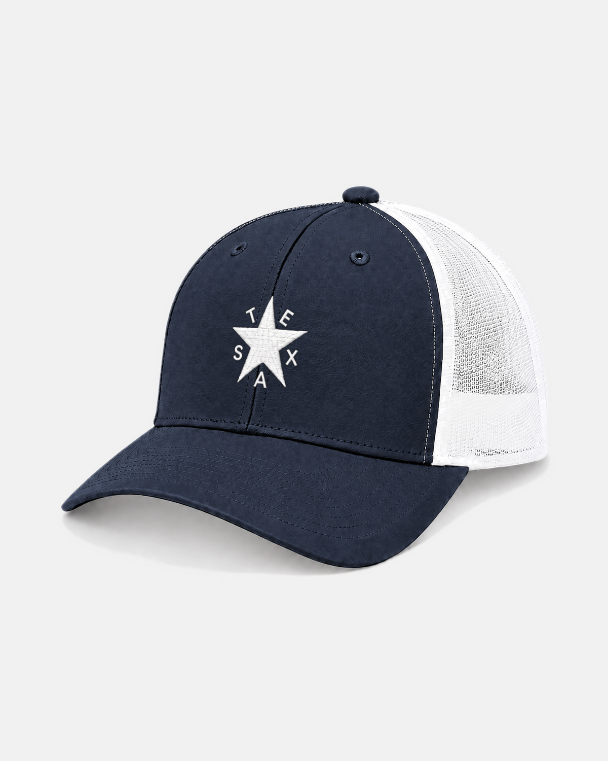 Texas Zavala Star trucker hat, navy with white mesh, white embroidered star and TEXAS lettering