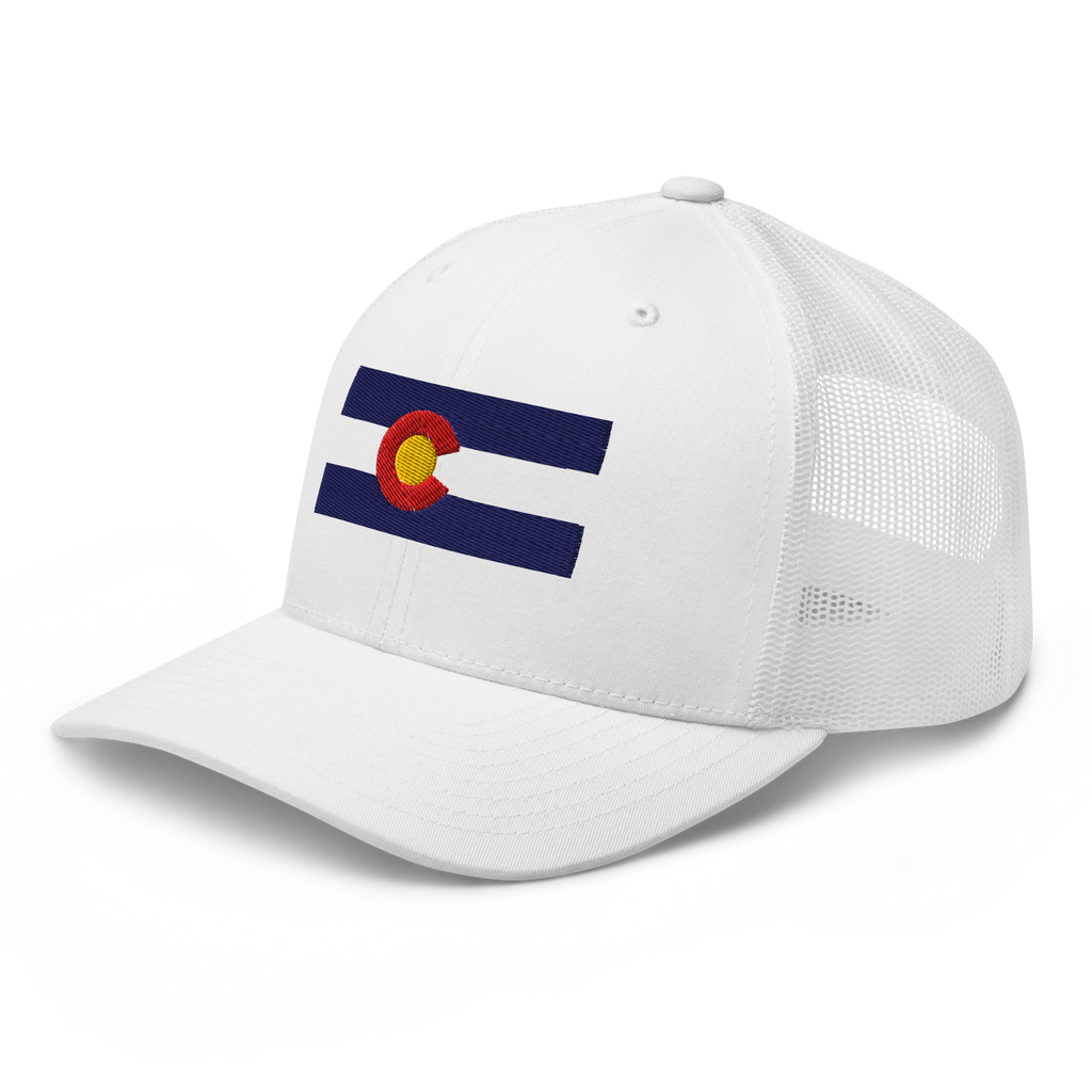 Colorado Flag trucker hat in white, angled view