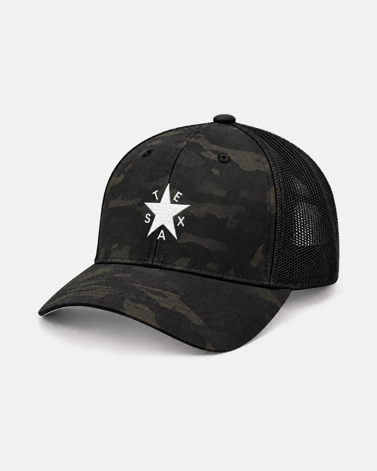 Texas Zavala Star trucker hat, black camo, white embroidered star and TEXAS lettering