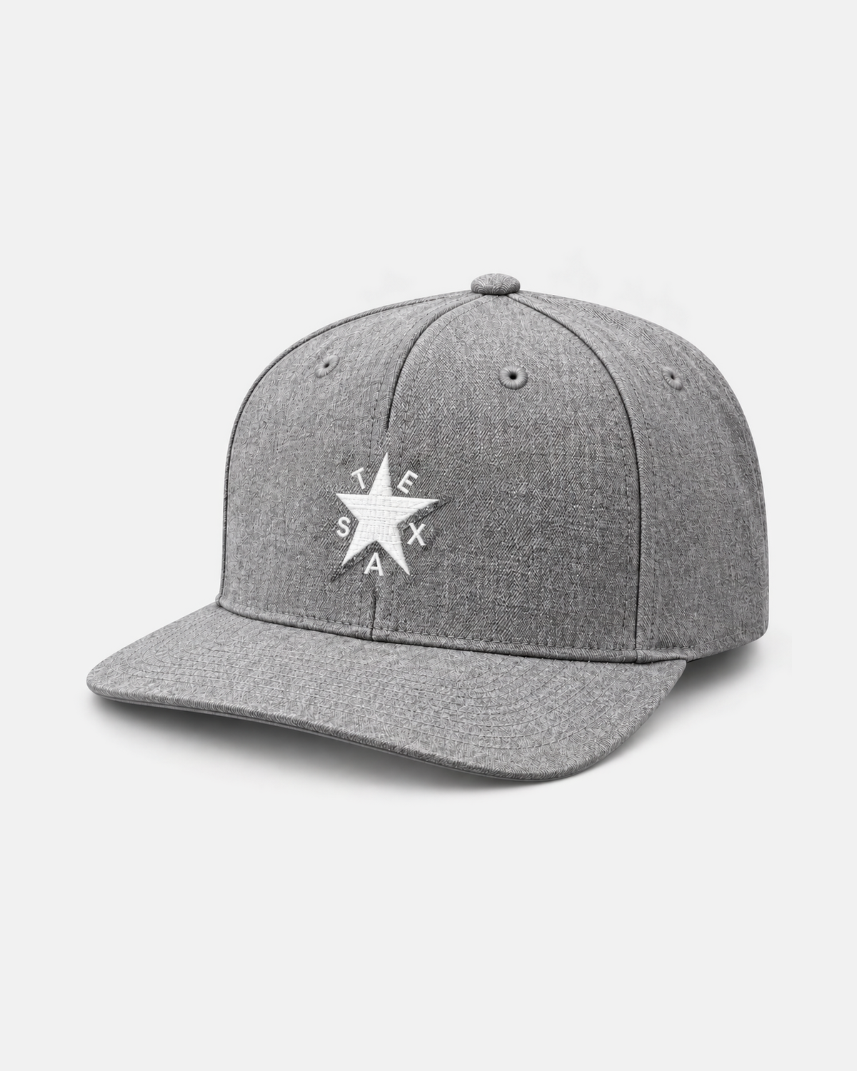 Texas Zavala Star snapback hat in heather grey with white embroidered star and TEXAS lettering, front view