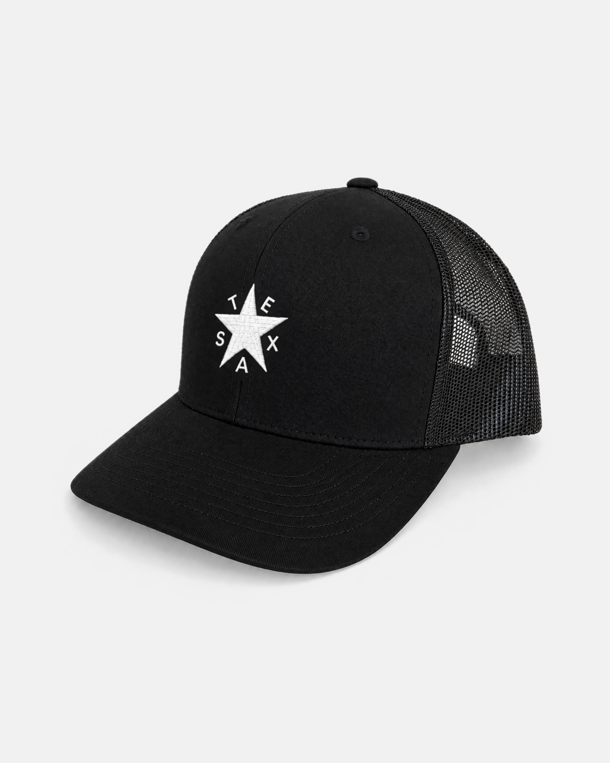 Texas Zavala Star trucker hat, all black with black mesh, white embroidered star and TEXAS lettering