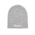 Austin Texas Old English beanie in grey, front view