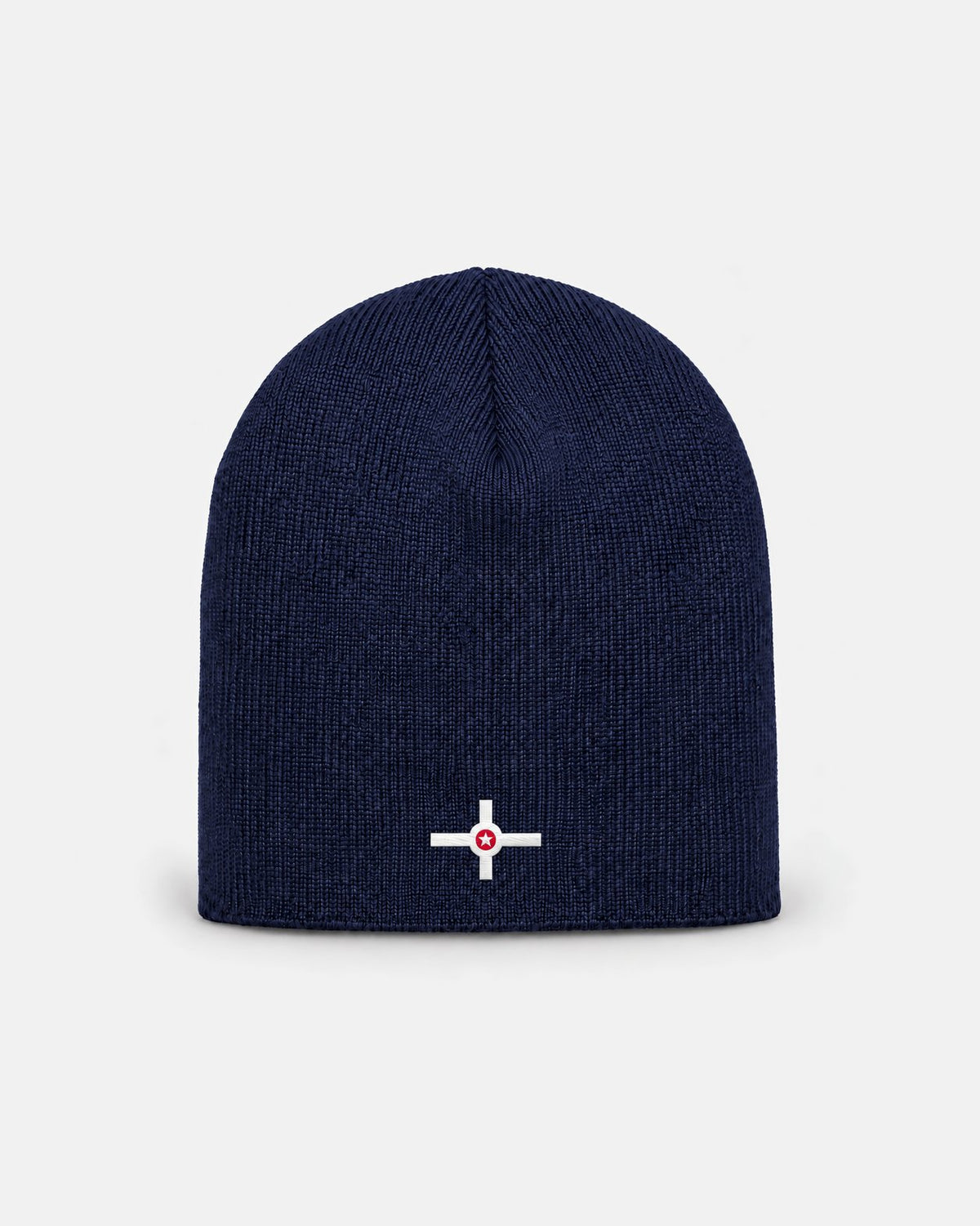 Indianapolis flag beanie in navy, small embroidered white cross with red circle and white star, front view