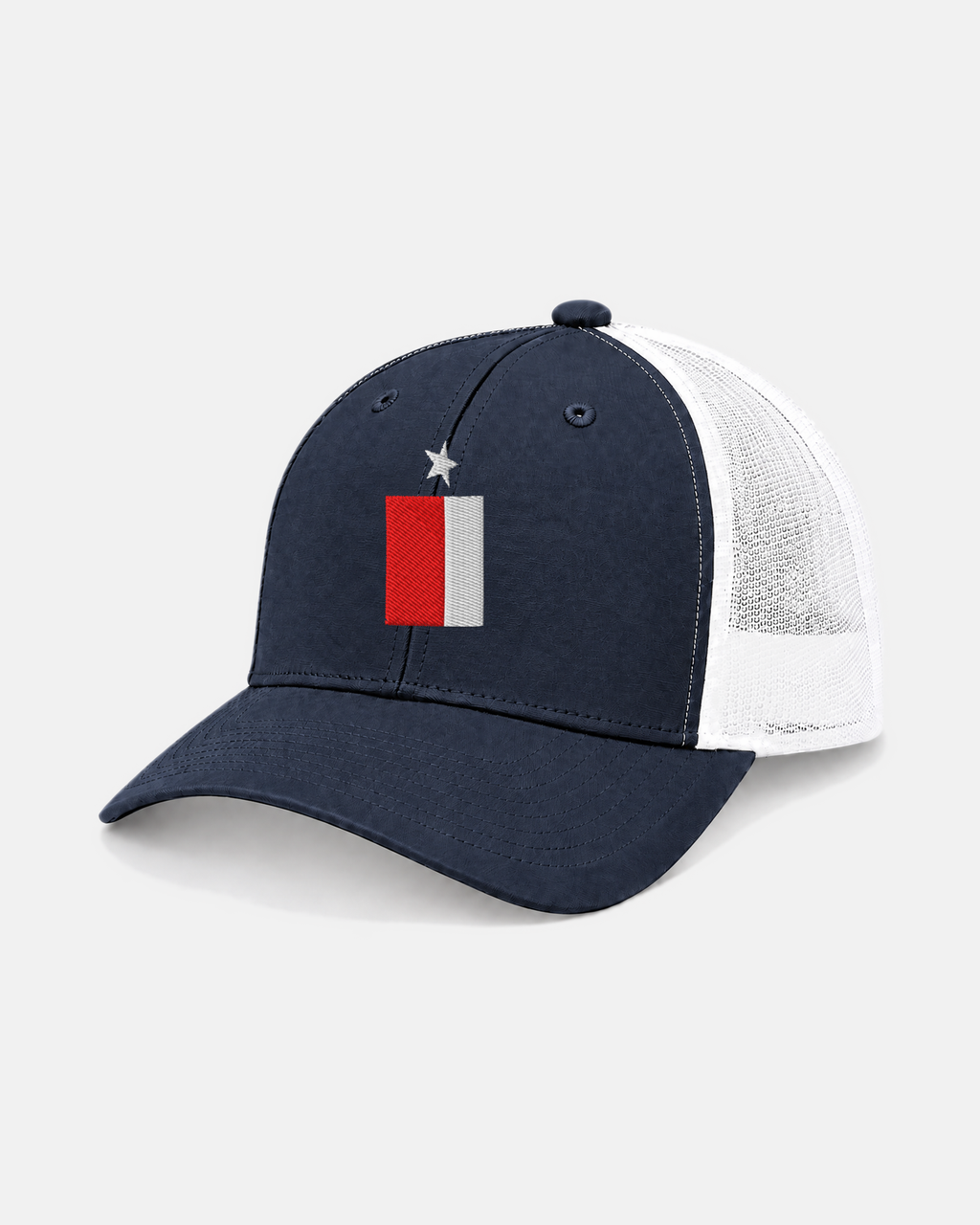 Texas Flag trucker hat, navy with white mesh, embroidered Texas flag and star